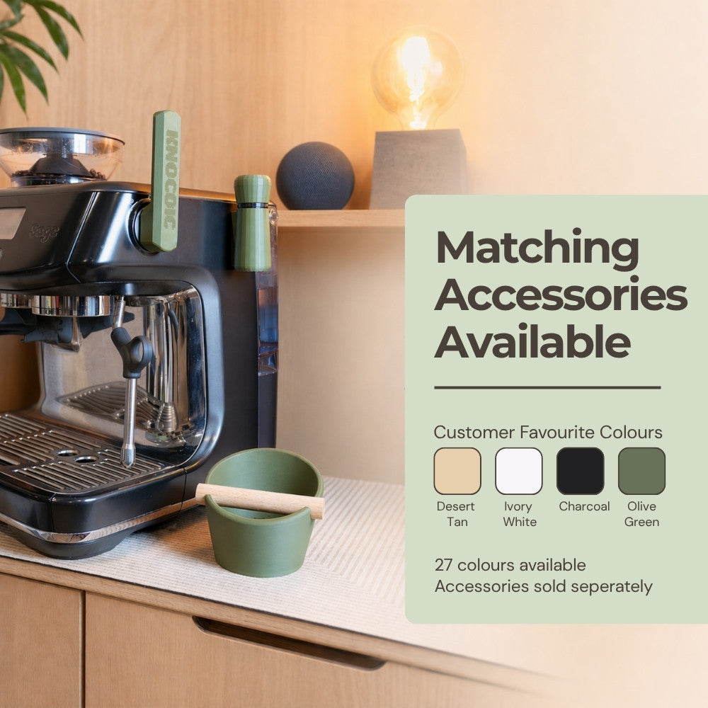 Matching KNOCDIC espresso accessories including a portafilter holder and WDT tool displayed on a home coffee bar.