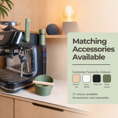Matching KNOCDIC espresso accessories including a portafilter holder and WDT tool displayed on a home coffee bar.