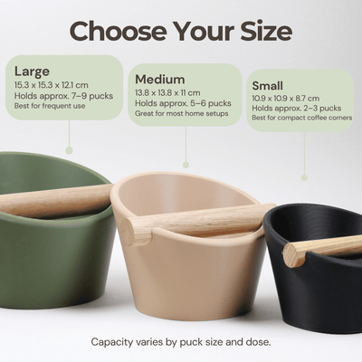 Size and capacity guide for small, medium, and large KNOCDIC oval coffee knock boxes showing espresso shot limits.