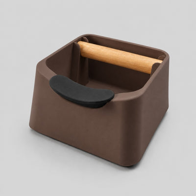 The Pod 3-in-1 Espresso Knock Box & Portafilter Tamping Stand in matte brown