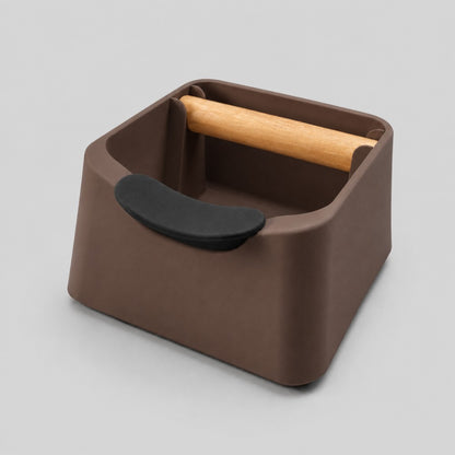 The Pod 3-in-1 Espresso Knock Box & Portafilter Tamping Stand in matte brown