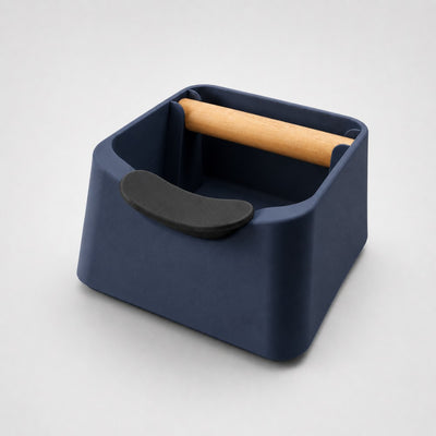 The Pod 3-in-1 Espresso Knock Box & Portafilter Tamping Stand in matte dark blue
