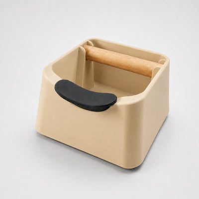 The Pod 3-in-1 Espresso Knock Box & Portafilter Tamping Stand in matte desert tan