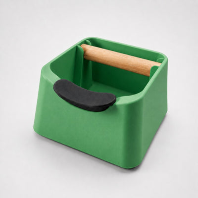 The Pod 3-in-1 Espresso Knock Box & Portafilter Tamping Stand in matte grass green