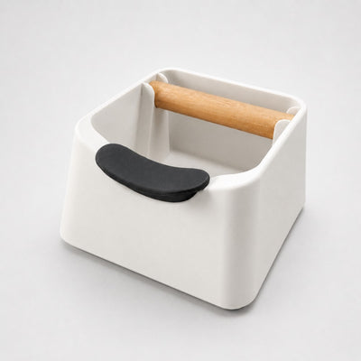 The Pod 3-in-1 Espresso Knock Box & Portafilter Tamping Stand in matte ivory white