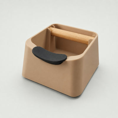 The Pod 3-in-1 Espresso Knock Box & Portafilter Tamping Stand in matte latte brown