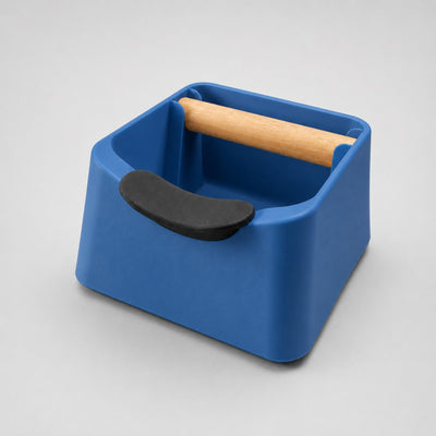 The Pod 3-in-1 Espresso Knock Box & Portafilter Tamping Stand in matte marine blue