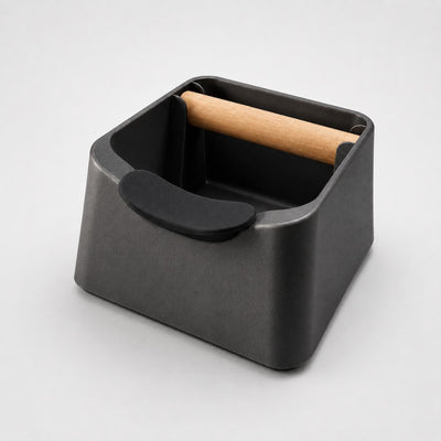 The Pod 3-in-1 Espresso Knock Box & Portafilter Tamping Stand in metallic black