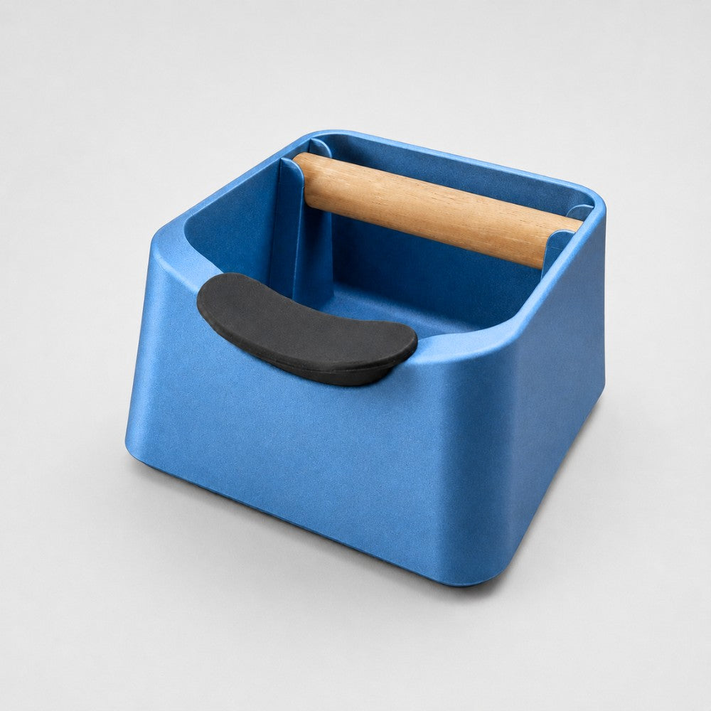 The Pod 3-in-1 Espresso Knock Box & Portafilter Tamping Stand in metallic blue