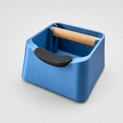 The Pod 3-in-1 Espresso Knock Box & Portafilter Tamping Stand in metallic blue