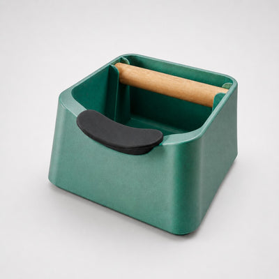 The Pod 3-in-1 Espresso Knock Box & Portafilter Tamping Stand in metallic green