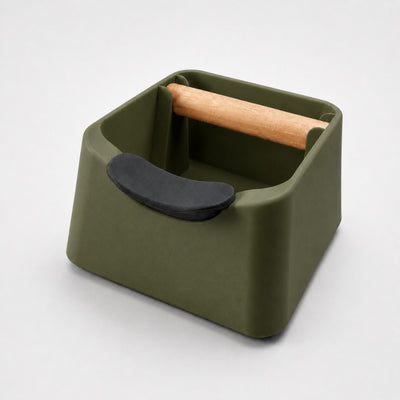 The Pod 3-in-1 Espresso Knock Box & Portafilter Tamping Stand in matte olive green