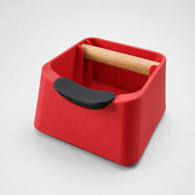 The Pod 3-in-1 Espresso Knock Box & Portafilter Tamping Stand in matte red