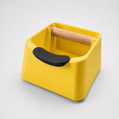 The Pod 3-in-1 Espresso Knock Box & Portafilter Tamping Stand in matte yellow