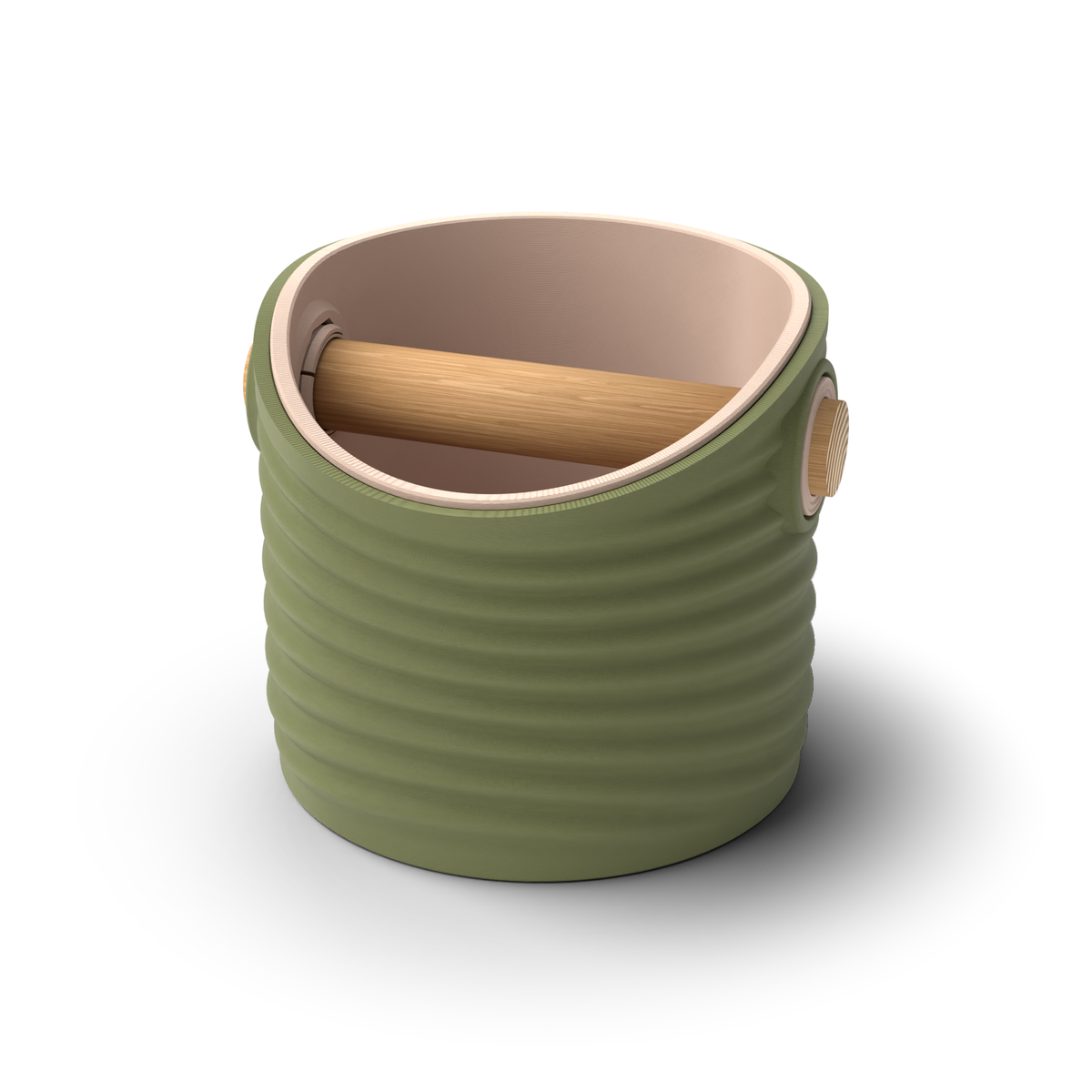 Ripple round espresso knock box with an Olive Green rippled shell, a lift-out Latte Brown inner bin and a solid oak knock bar with Knock Caps