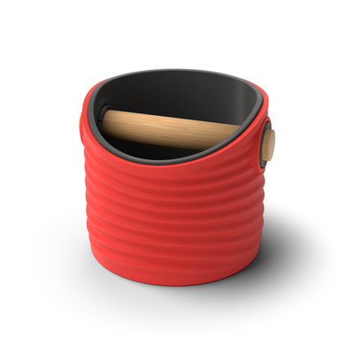 Ripple round espresso knock box with a Scarlet Red rippled shell, a lift-out Charcoal inner bin and a solid oak knock bar with Knock Caps