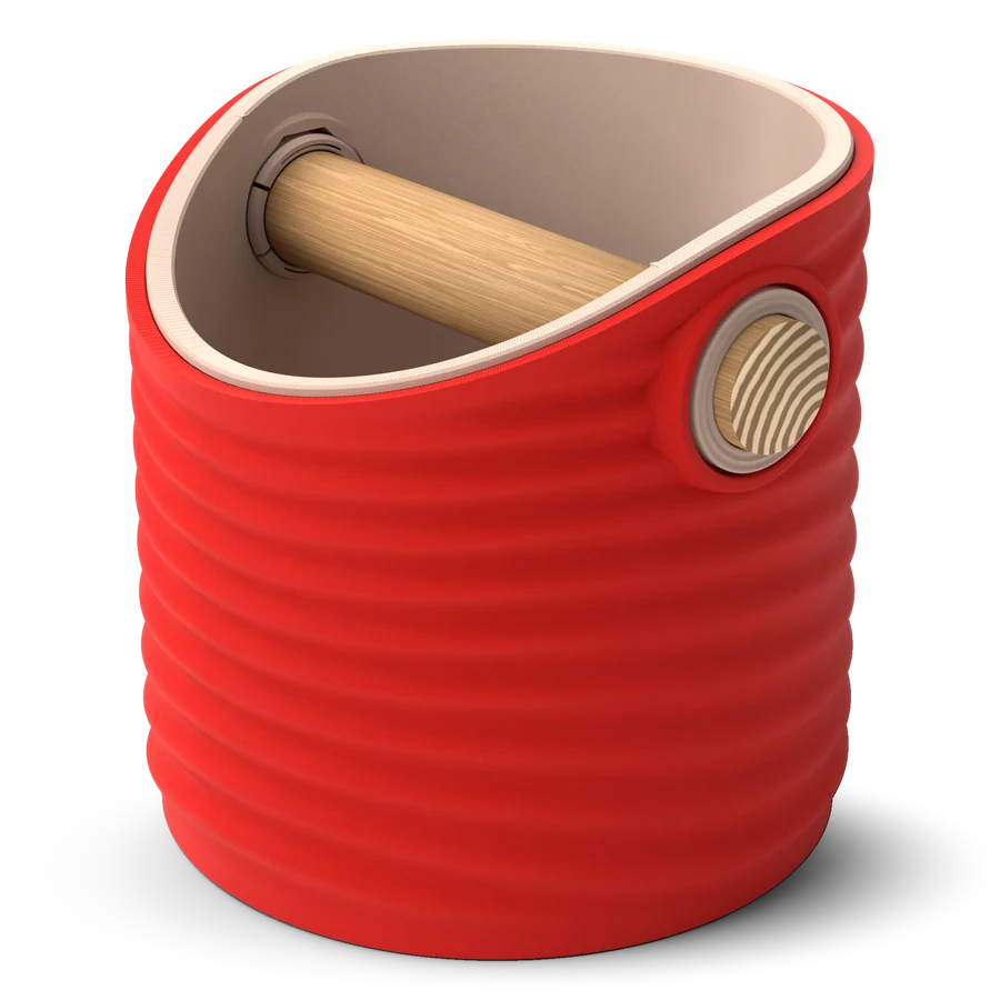 Large: Ripple round espresso knock box with a Scarlet Red rippled shell, a lift-out Latte Brown inner bin and a solid oak knock bar with Knock Caps