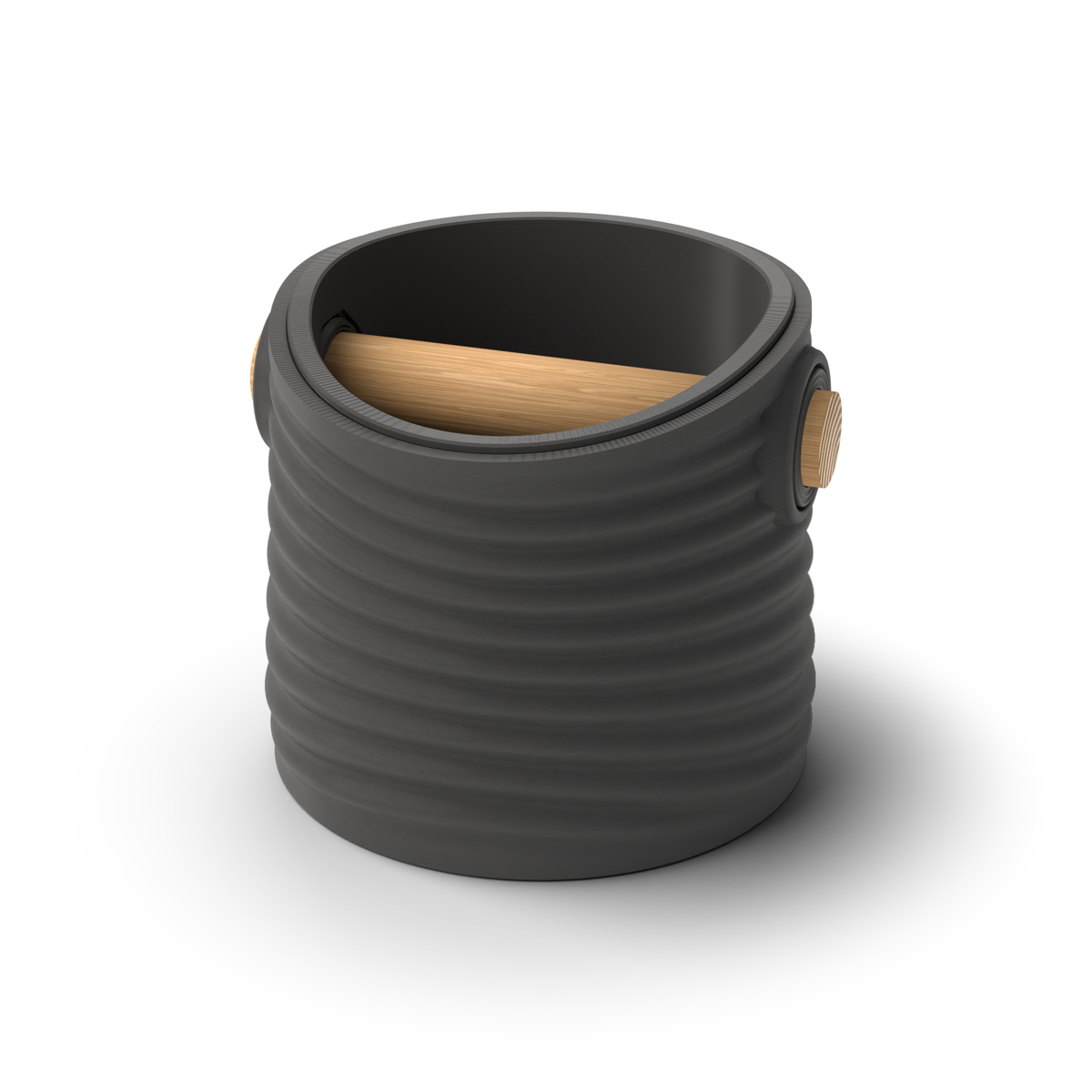 Ripple tapered round espresso knock box with a Charcoal rippled shell, a lift-out Charcoal inner bin and a solid oak knock bar with Knock Caps