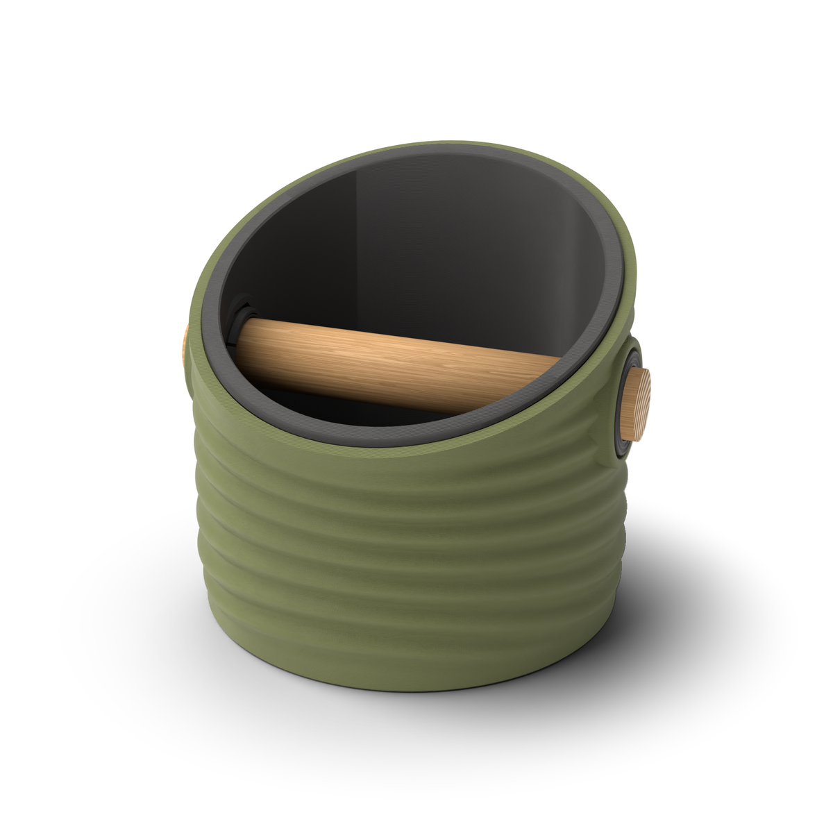 Ripple angled-top round espresso knock box with an Olive Green rippled shell, a lift-out Charcoal inner bin and a solid oak knock bar with Knock Caps