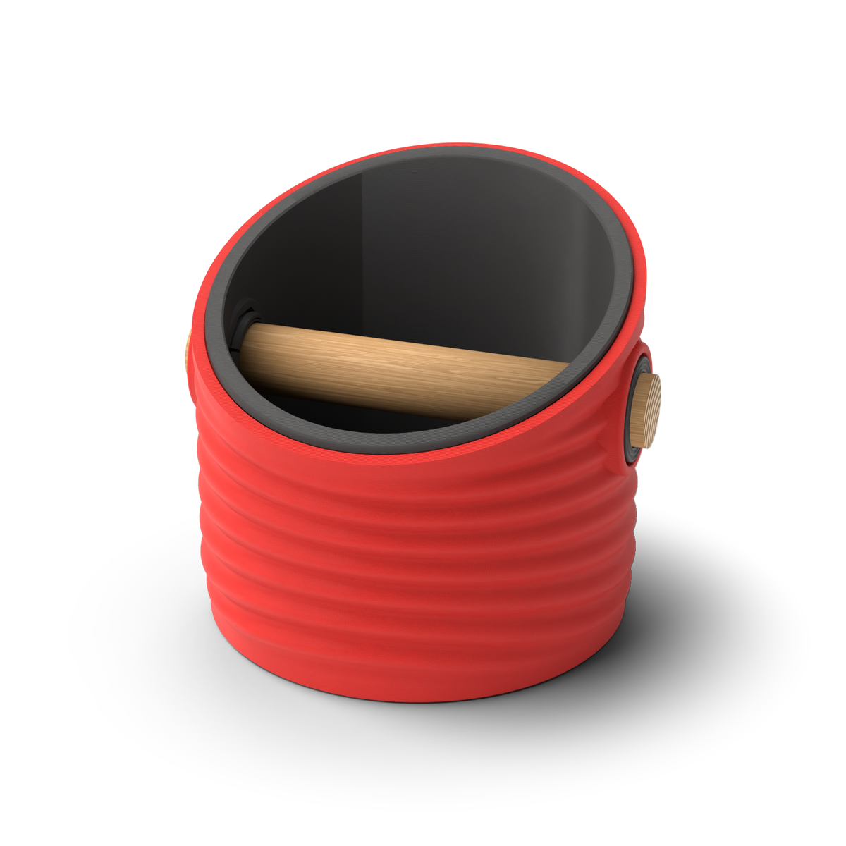 Ripple angled-top round espresso knock box with a Scarlet Red rippled shell, a lift-out Charcoal inner bin and a solid oak knock bar with Knock Caps