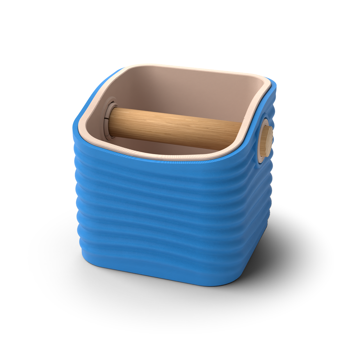 Ripple rounded square espresso knock box with a Marine Blue rippled shell, a lift-out Latte Brown inner bin and a solid oak knock bar with Knock Caps