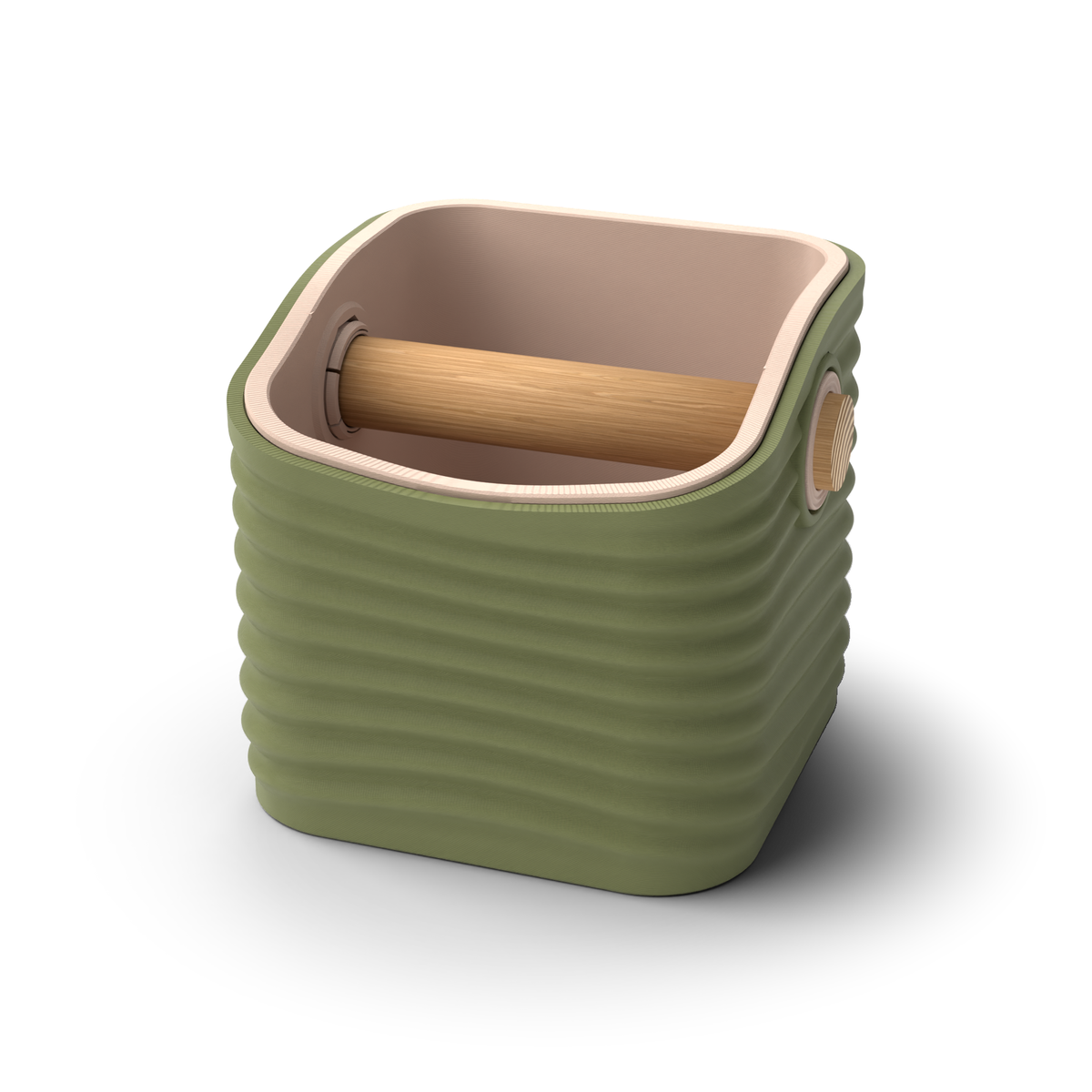 Ripple rounded square espresso knock box with an Olive Green rippled shell, a lift-out Latte Brown inner bin and a solid oak knock bar with Knock Caps
