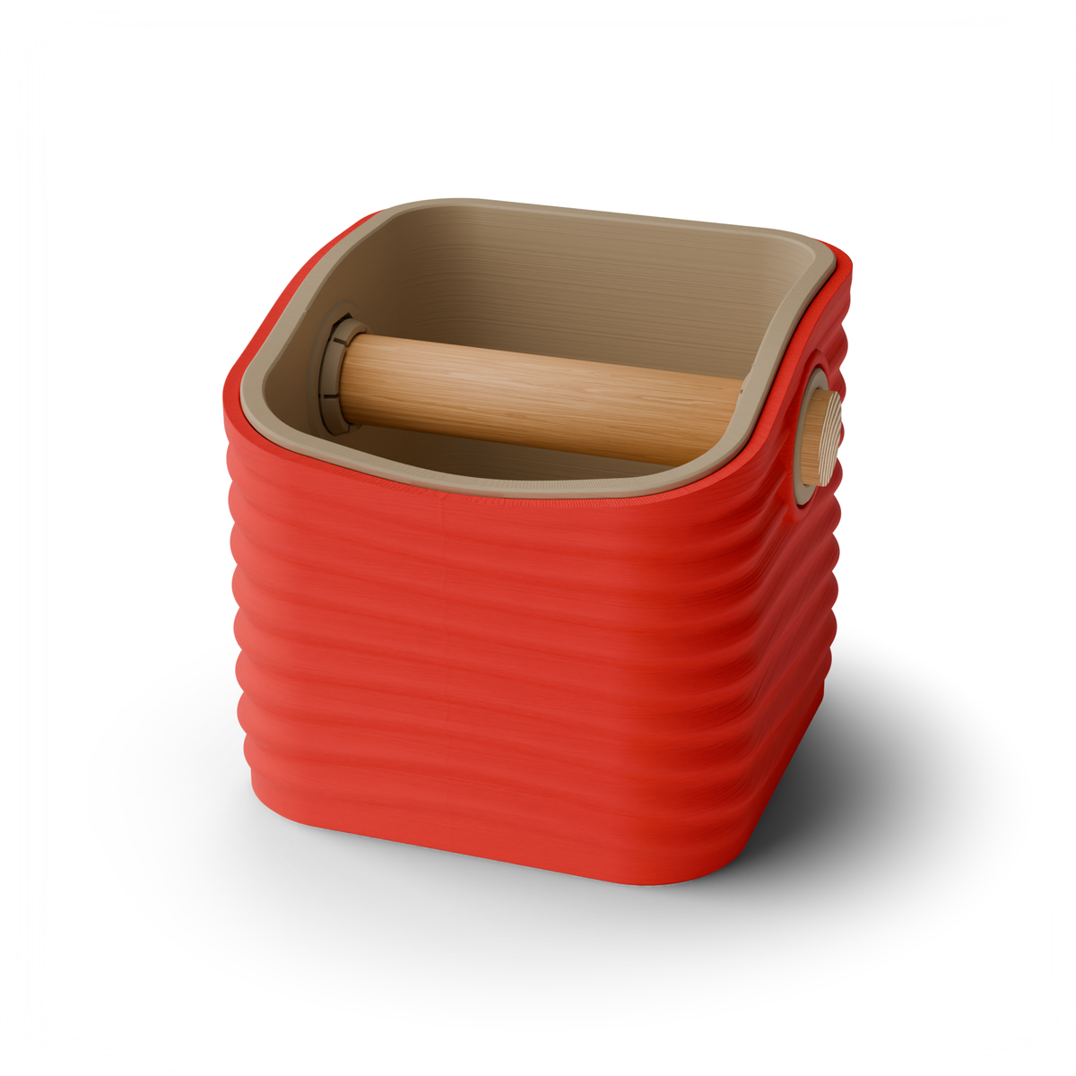 Ripple rounded square espresso knock box with a Scarlet Red rippled shell, a lift-out Latte Brown inner bin and a solid oak knock bar with Knock Caps