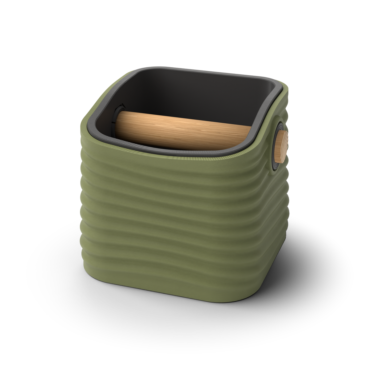Ripple tapered square espresso knock box with an Olive Green rippled shell, a lift-out Charcoal inner bin and a solid oak knock bar with Knock Caps