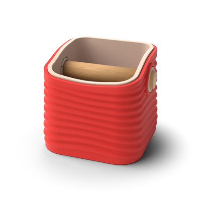 Ripple tapered square espresso knock box with a Scarlet Red rippled shell, a lift-out Latte Brown inner bin and a solid oak knock bar with Knock Caps