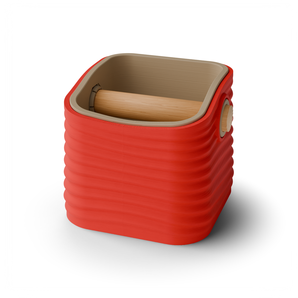 Ripple tapered square espresso knock box with a Scarlet Red rippled shell, a lift-out Latte Brown inner bin and a solid oak knock bar with Knock Caps