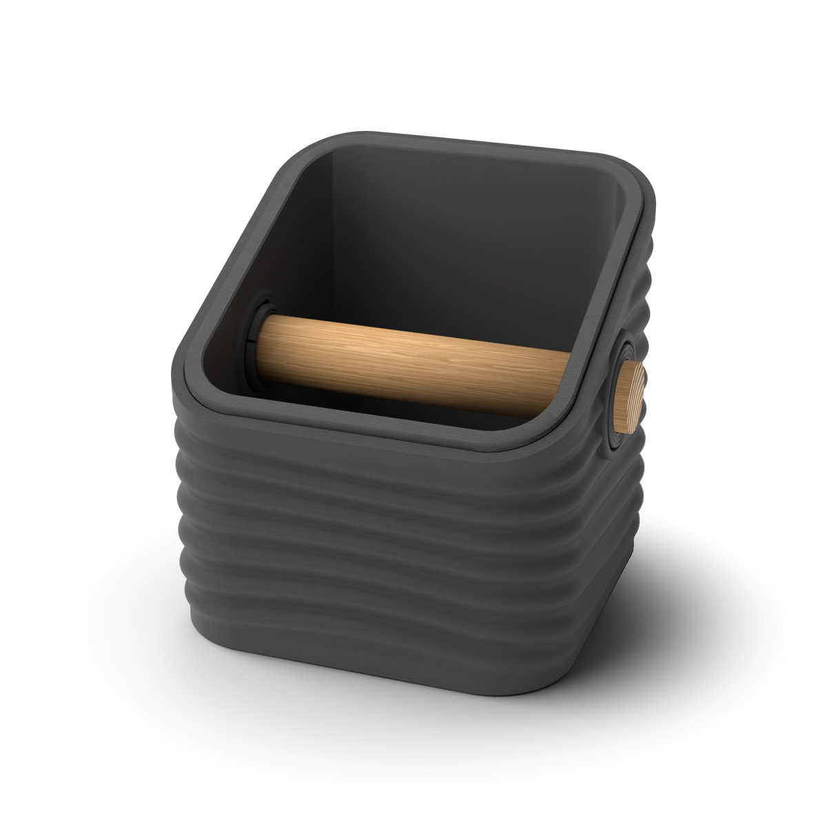 Ripple angled-top square espresso knock box with a Charcoal rippled shell, a lift-out Charcoal inner bin and a solid oak knock bar with Knock Caps