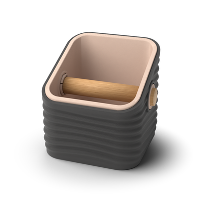 Ripple angled-top square espresso knock box with a Charcoal rippled shell, a lift-out Latte Brown inner bin and a solid oak knock bar with Knock Caps
