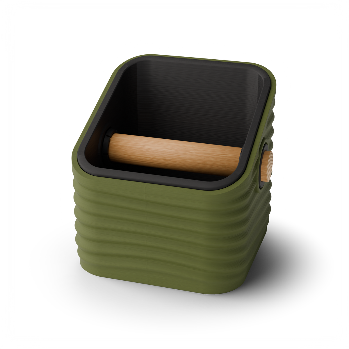 Ripple angled-top square espresso knock box with an Olive Green rippled shell, a lift-out Charcoal inner bin and a solid oak knock bar with Knock Caps