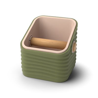 Ripple angled-top square espresso knock box with an Olive Green rippled shell, a lift-out Latte Brown inner bin and a solid oak knock bar with Knock Caps