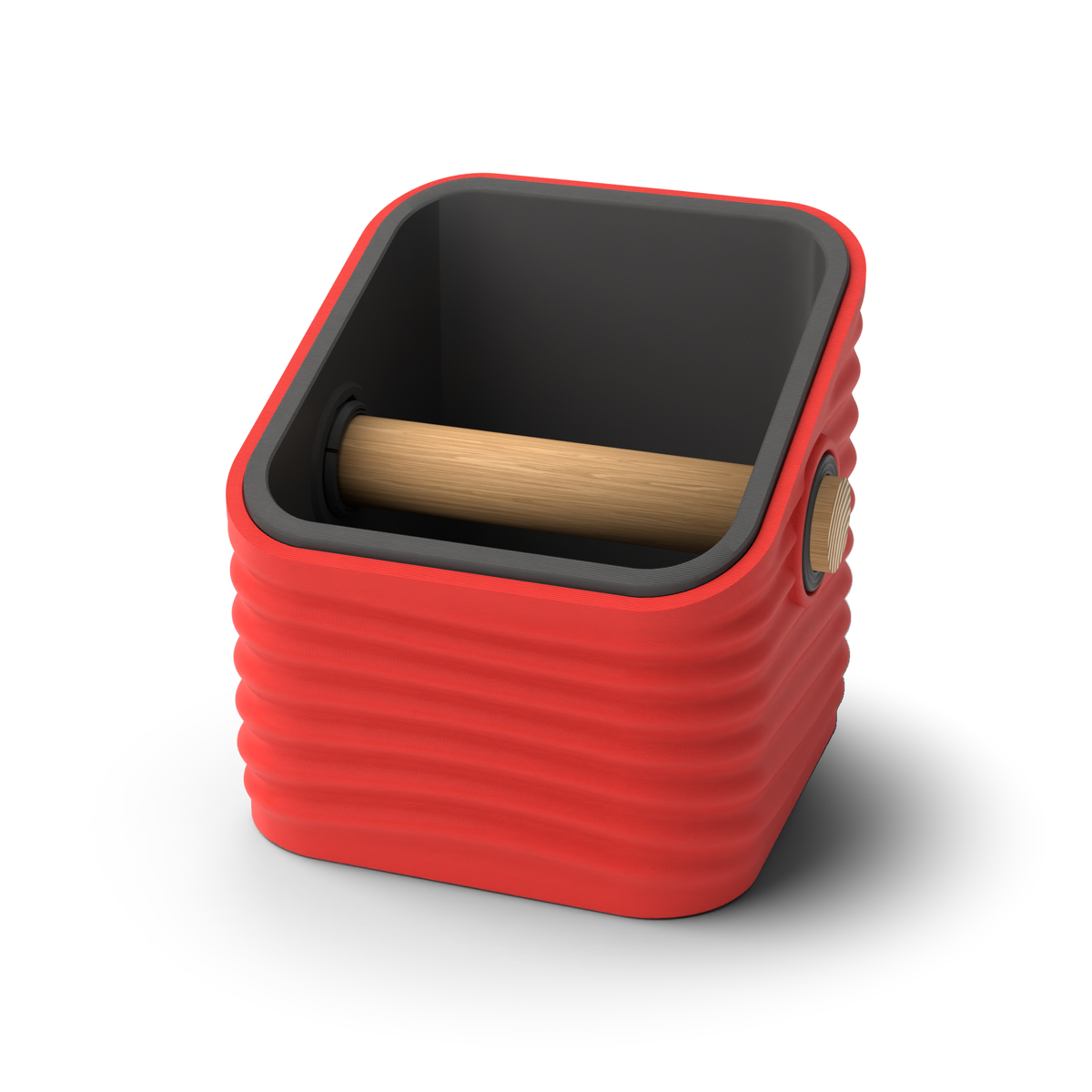 Ripple angled-top square espresso knock box with a Scarlet Red rippled shell, a lift-out Charcoal inner bin and a solid oak knock bar with Knock Caps