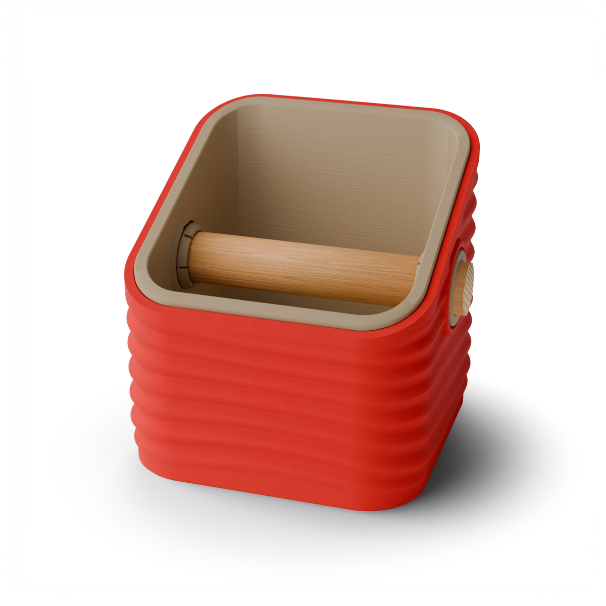 Ripple angled-top square espresso knock box with a Scarlet Red rippled shell, a lift-out Latte Brown inner bin and a solid oak knock bar with Knock Caps