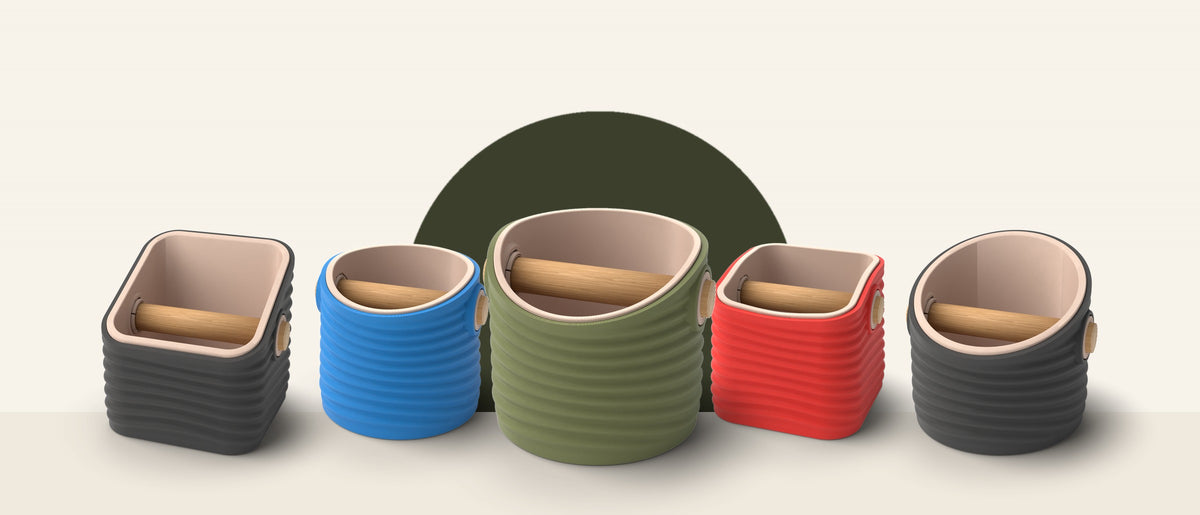 Ripple espresso knock box collection in Charcoal, Marine Blue, Olive Green and Scarlet Red