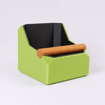 Square Coffee Knock Box with Real Oak Knock Bar in matte apple green