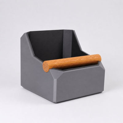 Square Coffee Knock Box with Real Oak Knock Bar in matte ash grey