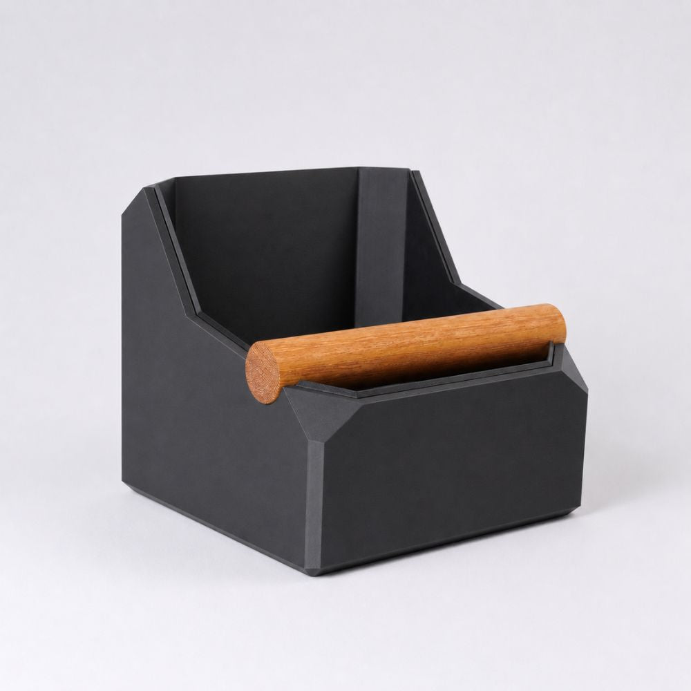 Square Coffee Knock Box with Real Oak Knock Bar in matte charcoal