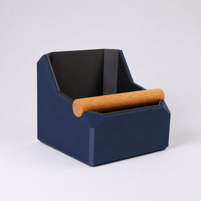 Square Coffee Knock Box with Real Oak Knock Bar in matte dark blue