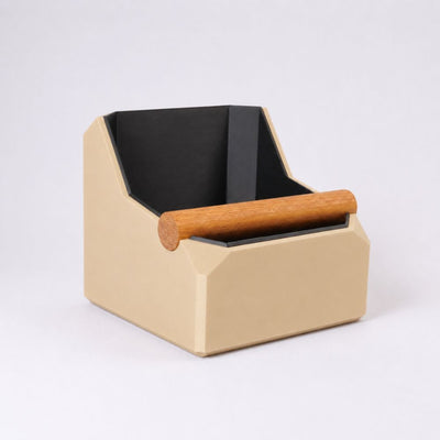 Square Coffee Knock Box with Real Oak Knock Bar in matte desert tan