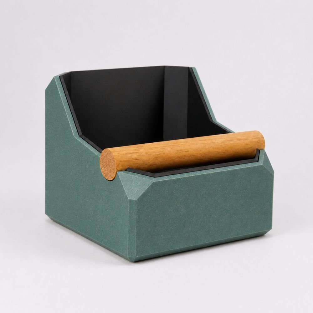 Square Coffee Knock Box with Real Oak Knock Bar in galaxy green