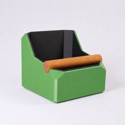 Square Coffee Knock Box with Real Oak Knock Bar in matte grass green