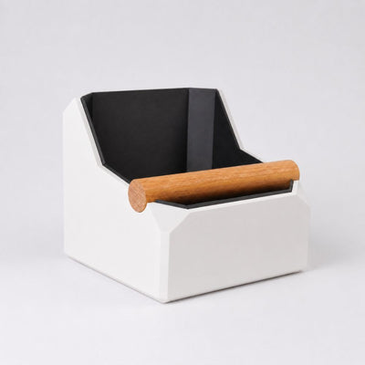 Square Coffee Knock Box with Real Oak Knock Bar in matte ivory white