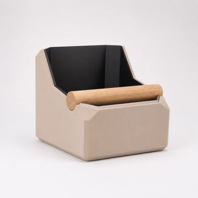 Square Coffee Knock Box with Real Oak Knock Bar in matte latte brown