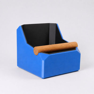 Square Coffee Knock Box with Real Oak Knock Bar in matte marine blue