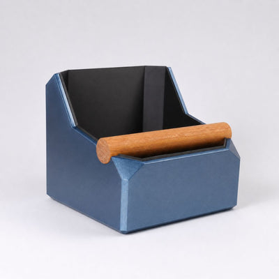 Square Coffee Knock Box with Real Oak Knock Bar in metallic blue