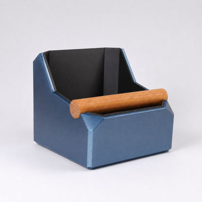 Square Coffee Knock Box with Real Oak Knock Bar in metallic blue