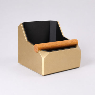 Square Coffee Knock Box with Real Oak Knock Bar in metallic gold